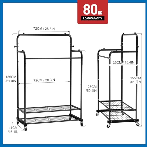 ZHKINGGS Heavy Duty Clothes Rail with Wheels, Double Rails Metal Clothes Rack with Hooks & Storage Shelf, 80kg Load Freestanding Garment Rail for Bedroom/Laundry/Shop (Black) - Image 3