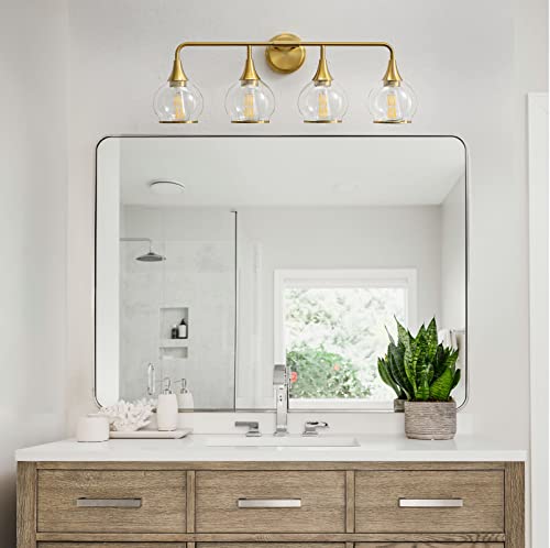 Image of Gold Bathroom Vanity Light 4-Light Bathroom Vanity Light Fixtures Over Mirror with Clear Glass Shade 30.7 inch Wall Sconce Lighting Bath(Exclude E26 Bulb)