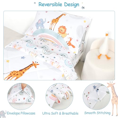 Image of Toddler Bedding Set, 4 Pieces Toddler Comforter Set for Girls Boys Kids, Ultra Soft Toddler Bed Sheets Set in a Bag, Includes Comforter, Fitted Sheet, Flat Sheet, Pillowcase, Rainbow Animal