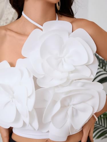 WDIRARA Women's 3D Flower Backless Halter Cami Top Sleeveless Camisole Crop Tops4