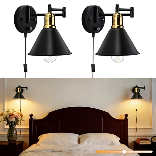 Lampop 2PCS Plug in Wall Lights with Switch Dimmable Adjustable Arm Black