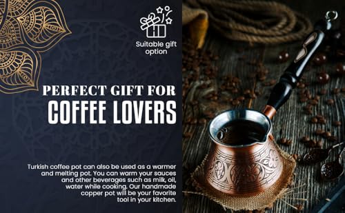 Image of DEMMEX 15 oz Large Copper Turkish Coffee Pot Cezve Ibrik Greek Coffee Briki Stovetop Coffee Maker with Wooden Handle & Spoon, 1mm Thick Copper, Handmade & Engraved in TURKEY, 6 Servings