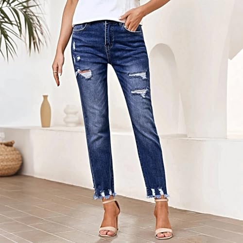 Cropped Jeans for Women High Waist Straight Leg Distressed Denim Pants Stretch Raw Hem Ripped Jeans with Pockets2