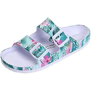 VICT POPU Womens Sandals Adjustable Double Buckle Strap Waterproof EVA Flat Slides 6 Flower Green