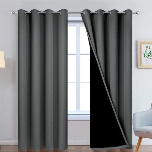 Image of Yakamok Dark Grey 100% Blackout Curtains 90 Inches Long 52 inch Wide 2 Panels | Blackout Curtain Panels for Bedroom, 2 Thick Layers Grommet Top Thermal Insulated Drapes with Black Liner for Living Room