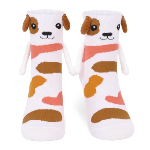 COZYMATE Funny Animal Dog Socks for Women Novelty Magnetic Hand Holding Socks for Birthday Xmas Gifts (US Alpha One Size Regular Regular White & Brown)