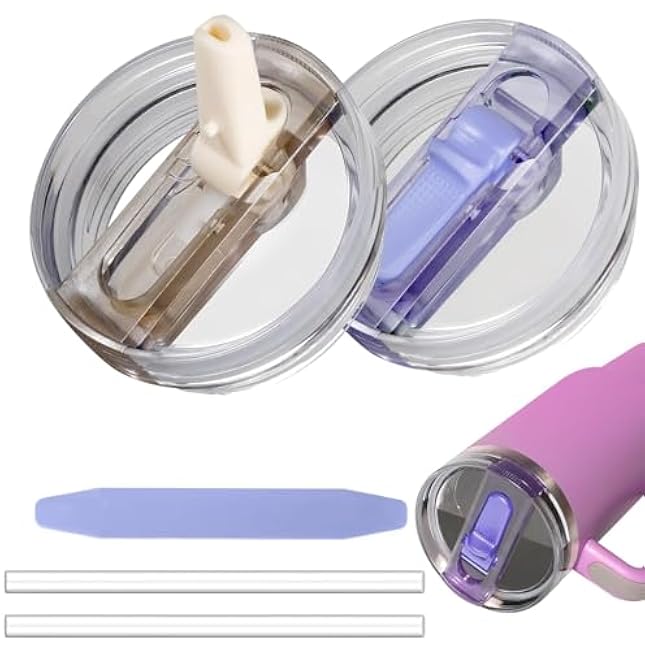 2 Pack 40 oz Tumbler Flip Straw Lid for Stanley Quencher ProTour Leak Proof Lid Replacement for Stanley H2.0 Quencher, Spill Proof Reusable Lid for Stanley Cup Accessories (Purple & Black, 40 oz)