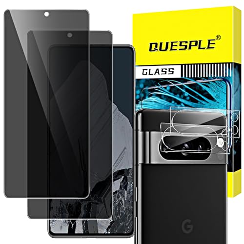 QUESPLE 2+2 Pack Google Pixel 8 Pro Privacy Tempered Glass Screen Protector + Camera Lens Film [9H Hardness][3D Curved] for Google Pixel 8 Pro Glass Screen Protector[Does not support fingerprints]