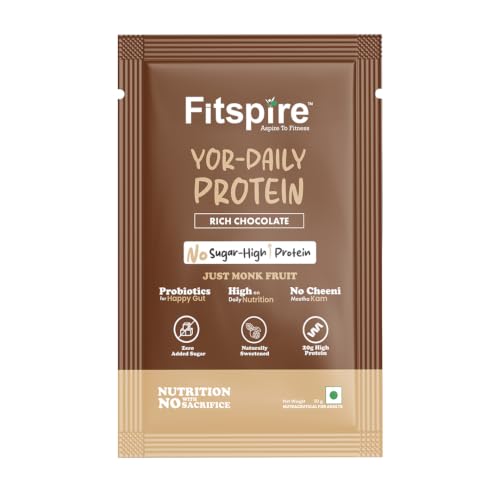 Image of Fitspire YOR Daily Rich Chocolate Protein Powder 50g | 20g Protein with 24+ Vitamins & Probiotics for Daily Wellness | Zero Added Sugar, Monk Fruit Sweetened