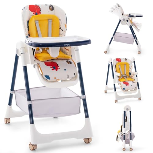 Image of BABY JOY Baby High Chair, Foldable Highchair w/ 8 Heights, 4 Recline Positions, Adjustable Footrest, Removable Double Tray, Storage Basket, Portable High Chairs for Babies & Toddlers with Wheels