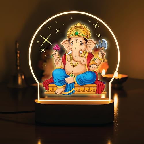 Image of Giftplease Lord Ganesha LED Night Light - Warm Yellow Glow Table Lamp - Divine Ganpati Decor for Pooja Room, Office Desk & Gifting - Elegant Silhouette Lamp GL 03