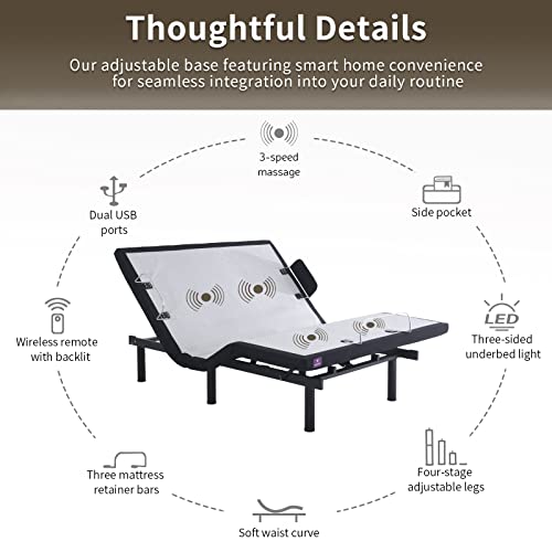 Tami Tami T600 Adjustable Bed Frame Full, Adjustable Bed With Massage, Zero Gravity, Zero Clearance, Head And Foot Incline, Wireless Remote Control, Usb Ports, Nightlight, Quiet Motor Adjustable Base #TOP3