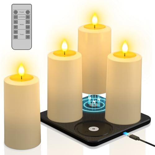 PChero Juego de 4 velas LED recargables con estación de carga, recargables al aire libre, resistentes al agua, velas parpadeantes, con mando a distancia y función de temporizador para exterior, jardín