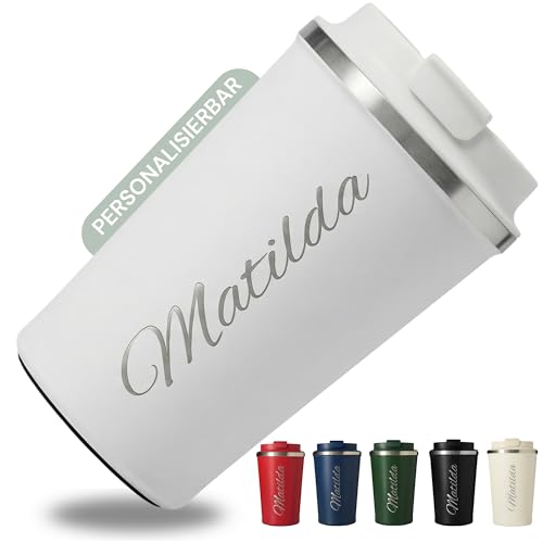 Smarteon Thermobecher personalisiert mit Namen Edelstahl Kaffeebecher To Go auslaufsicher doppelwandig isoliert minimalistischer Coffee Mug To Go Geschenk für Frauen & Männer (Weiß)