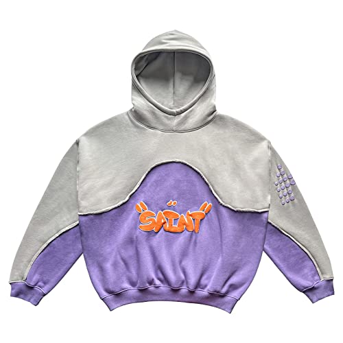 NAGRI Männer Vintage Grafik Hoodie Lila Grau Patchwork Baumwolle...