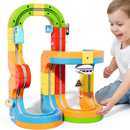 Azazaza Clickrail Electric Train Set 3D STEM Magic Rail Cube Train Set Track Fusion Toy with Flexible Building Race Track & Gravity-Defying Train DIY Cube Track Educational Toy for Boys & Girls 3+