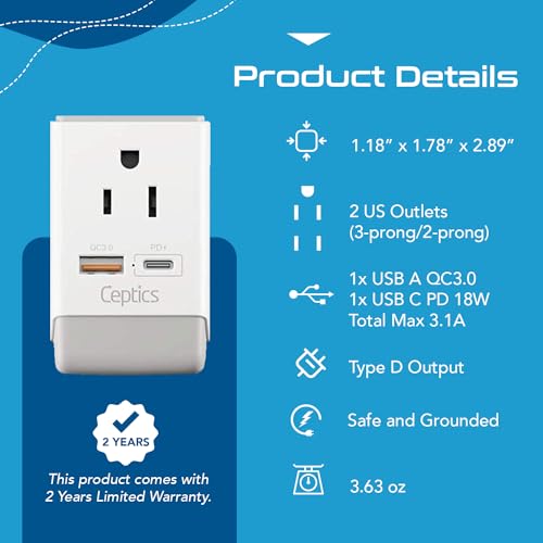 Image of Ceptics US to India Plug Adapter, Type D Plug Adapter QC 3.0 & PD, Safe Dual USB & USB-C 18W, Fast Charging - Powerful 2 USA Sockets - Use in Pakistan Nepal Sri Lanka - AP-10