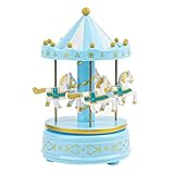 RP Remarkable Power, Blue Carousel Music Box Merry-Go-Round Horse Musical Box with 4 Houses for Home Wedding Birthday Gift Decoration