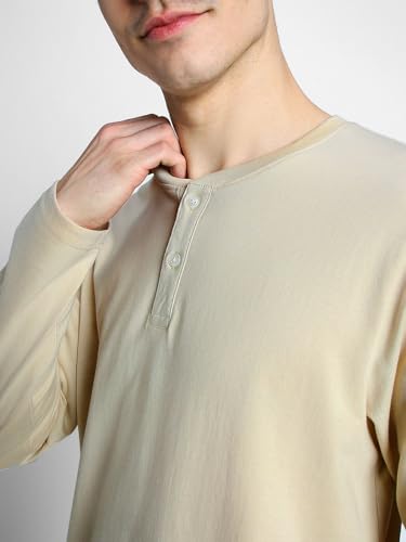 Image of Veirdo Pure Cotton Regular Fit Henley Neck Plain Solid Full Sleeve T-Shirt for Men & Boys (Color Options: Black, Red, Swanwhite, Navy Blue, White, Cork, Green, Maroon, Mustard, Royal Blue)