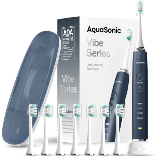 Image of Aquasonic Vibe Series Ultra-Whitening Toothbrush - ADA Accepted Electric Toothbrush - 8 Brush Heads & Travel Case - 40,000 VPM Motor & Wireless Charging - 4 Modes w Smart Timer - Midnight Blue