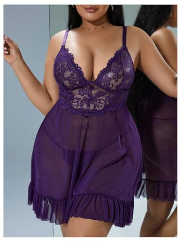OYOANGLE Plus Size Lingerie for Women Lace Sheer Babydoll Chemise V Neck Mesh Sleepwear3