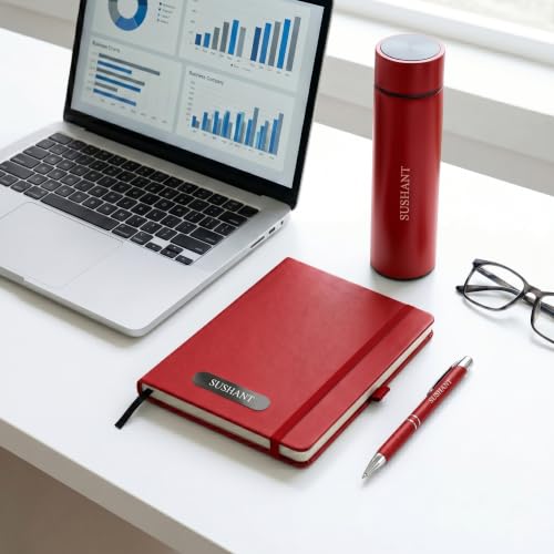 Image of Personalized Diary Gift Set with Bottle & Pen Red | 3-in-1 | Custom name diary, stainless steel bottle and pen combo for corporate gifting, employees, men, women and office use.