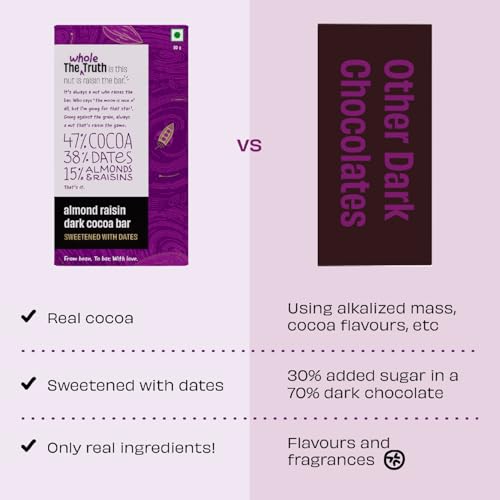 Image of The Whole Truth - Almond Raisin Dark Cocoa Bar - Sweetened only with dates - 47% Cocoa - 38% Dates - 15% Almond and Raisins