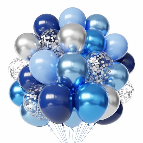 Blue and Silver Latex Balloons 60pcs 12 Inches Metallic Navy Blue Silver Confetti Balloons with 1 Ribbon for Graduation Birthday Baby Shower Party Decorations