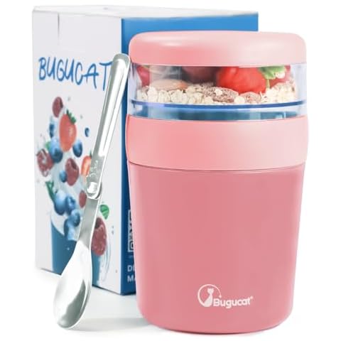 Bugucat Overnight Oats Containers with Lids,Snackle Box Container,500ml+150ml Yogurt and Fruit Holder Cereal Cup to Go with Lids and Spoon, Reusable Portable Cup Cereal Cup with Salad Container Cover