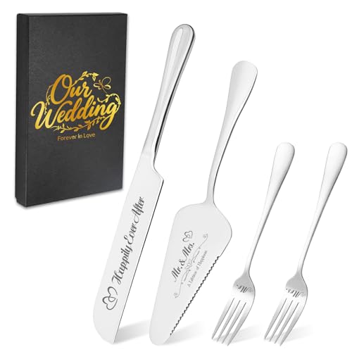 Personalized Wedding Cake Knife and Server Set, Engraved Cake Cutting Set with Stainless Steel Forks, Bridal Anniversary Birthday Wedding Registry Gifts(Non-customized)