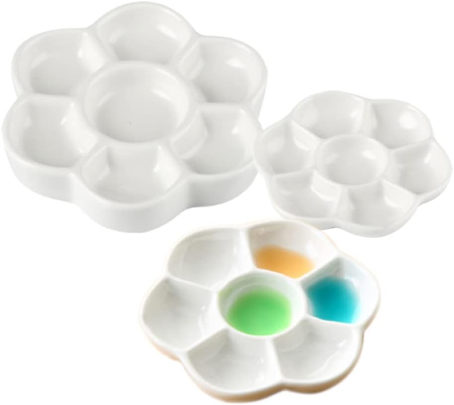 Set of 3,7-Well Small Ceramic Artist Paint Pallet,Tray,Palette,3/4.5/6 inch,Easy to Clean Porcelain Mixing Tray for Watercolor Gouache Painting