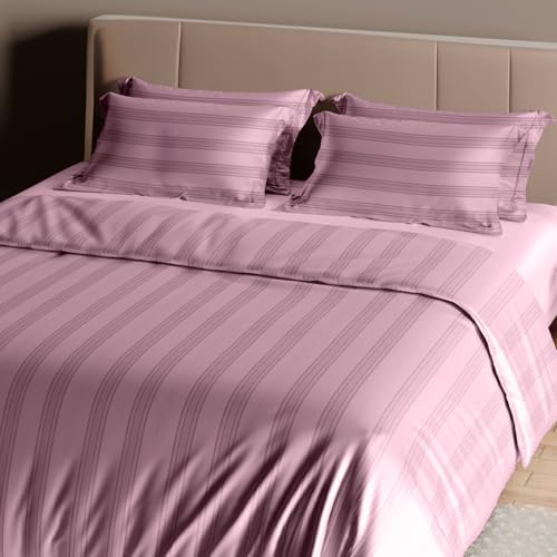 Image of Sassoon Artemis Italian Jacquard Weave Sateen Cotton Bedsheet - 400 TC, Cotton, Stripe Design, King Size (108 x 108 inches), Color: Mauve, Soft, Breathable, - 1 Bedsheet + 2 Pillow Covers