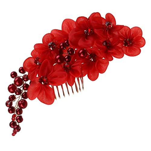 LALAFINA Peigne à cheveux de mariage, fleurs artificielles, perles et strass, pince à cheveux pour femme et fille (rouge) Cover