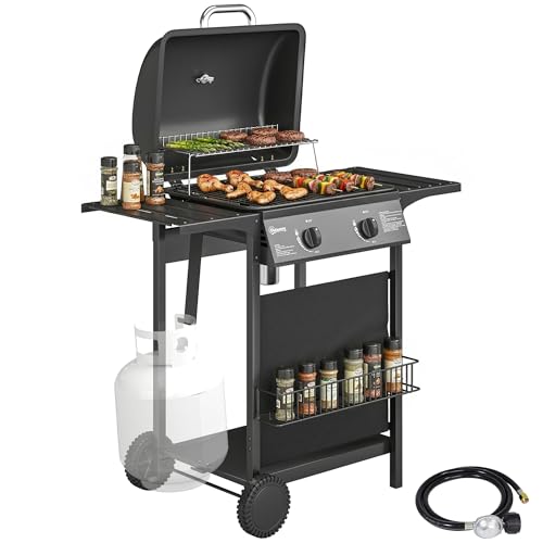 Outsunny 2 Burner Propane Gas Grill, 18000 BTU BBQ Grill with Wheels, Warming Rack, Side Tables, Shelf, Thermometer, Grease Cup, Outdoor Barbeque for Outdoor Backyard Patio, Black
