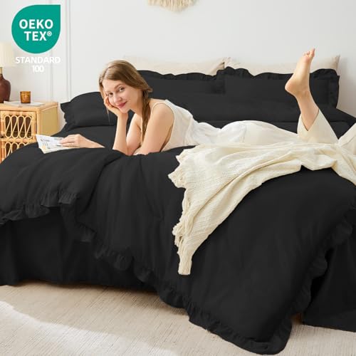 Image of FUANNA King Size Comforter Set Black, 3 Pieces Ruffle King Bedding Set, Fluffy Farmhouse Bed in a Bag King with 1 Lightweight Comforter & 2 Pillowshams