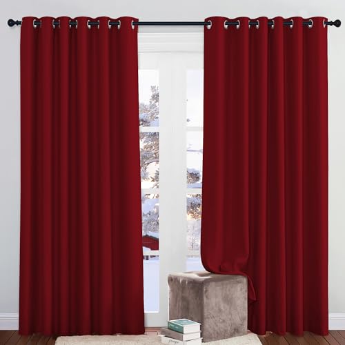 PONY DANCE Rote Blickdichte Gardinen für Große Fenster 2er Set H 210 x B 200 cm, Wärmeisolierende Vorhänge Wohnzimmer Weihnachten Verdunklungsgardine Thermovorhang Kälteschutz