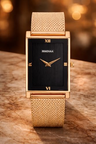 Image of Men's Rose Gold Rectangular Analog Watch | Black Textured Dial | Stainless Steel Mesh Bracelet | Premium Quartz Watch for Men