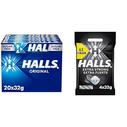 Halls Eucalipto, Caramelo Sin Azúcar, Caja de 20 Sticks de 32 g + Halls Caramelos Sabor Extra Fuerte, Sin Azúcar, Paquete de 4 x 32 g