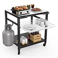 NUUK Grill Cart 30"x24" Pizza Oven Table for Outdoor 3-Shelf with Stainless Steel Top and Sliding Drawer BBQ Grilling Carts Outside Serving Prep Tables Indoor Stand