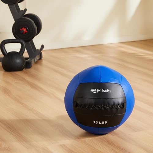 Image of Amazon Basics 15 lbs Exercise Wall Ball | Slam Ball | Durable Stitched Composite | Premium SRF Material | Enhanced Grip | Balanced Feel | Strength & Core Workouts | Home & Gym Use | 13'' Dia| Blue & Black