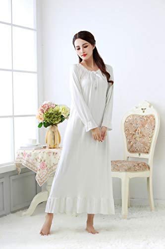 Maleroads Women Young Lady Modal Long Sleeve Nightdress Soft Princess Nightgown Pajamas White #TOP1