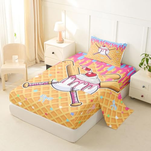 Image of Castle Fairy Baseball Cap Bed Sheets Twin Size,Ice Cream Cherry Plaid Print Easy Wash Bedding Set,Cute Sweet Sports Style Kids Room Decor,Pink Yellow Sheet(Fitted+Flat+1 Pillowcase)