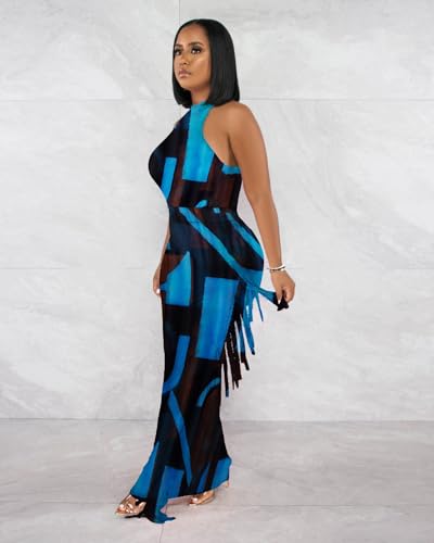 Image of 2 Piece Outfits for Women Sexy Halter Neck Sleeveless Crop Tops Ruched Bodycon Dresses Jumpsuits Fringe Skirt Sets