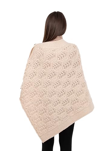Image of SAOL Aran Poncho 100% Merino Wool for Ladies with Buttons V-Neck Shawl Cardigan