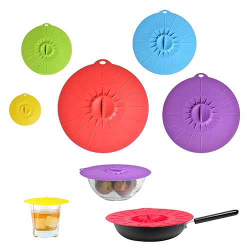 5PCS Coperchi in Silicone con effetto adesivo 5 Misure Materiale Alimentare e BPA Free Impermeabili e Lavabili in Lavastoviglie Riutilizzabile per Ciotole, Tazze, Padelle, Forni a Microonde (Colorato)