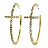 Elegant Bling Crystal Cross Hoop Earrings in Gold Tone