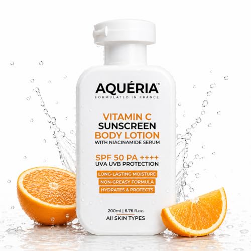 Image of Aqueria Vitamin C Sunscreen Body Lotion SPF 50 PA++++ | Niacinamide Serum | UVA & UVB Protection | 24H Moisturization | Non-Greasy, No White Cast | In-Vitro & In-Vivo Tested | All Skin Types | 200ml