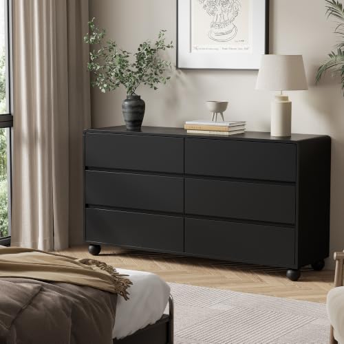 Image of Furniway 3 Piece Bedroom Set, 6 Drawer Dresser and 2 Drawer Nightstand Set of 2 with Round Legs, Modern Wood Chest of Drawers Storage Cabinet for Bedroom, Black