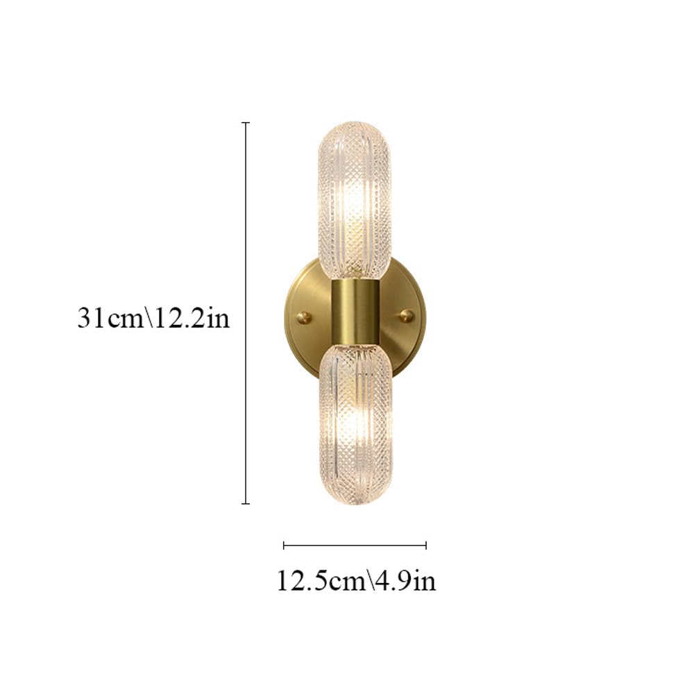 Applique da Parete Dorate a 2 luci, lampade da Bagno in Vetro, Moderne Applique da Interno in Ottone Spazzolato per corridoio e Camera da Letto