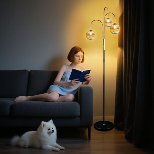 Image of Lightdot 70IN Dimmable Floor Lamp for Living Room, 3 Light LED Tree Floor Lamps with Glass Globe Shade& Bulb Included, Mid Century Standing Tall Lamp with 5Lbs Heavy Base for Bedroom-Black&Gold
